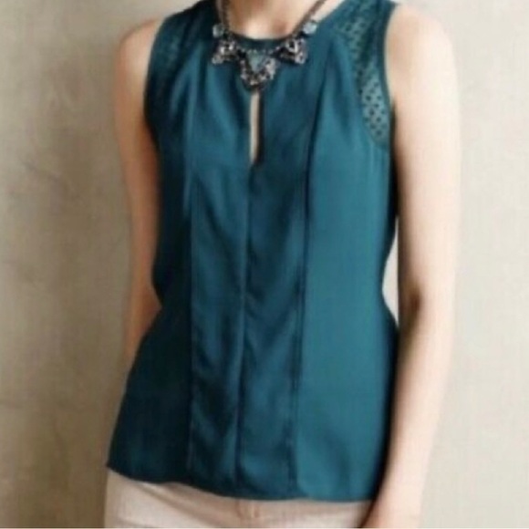 Anthropologie Maeve Green Sleeveless Mesh Polka Dot Cut Out Panels Top - Picture 1 of 7